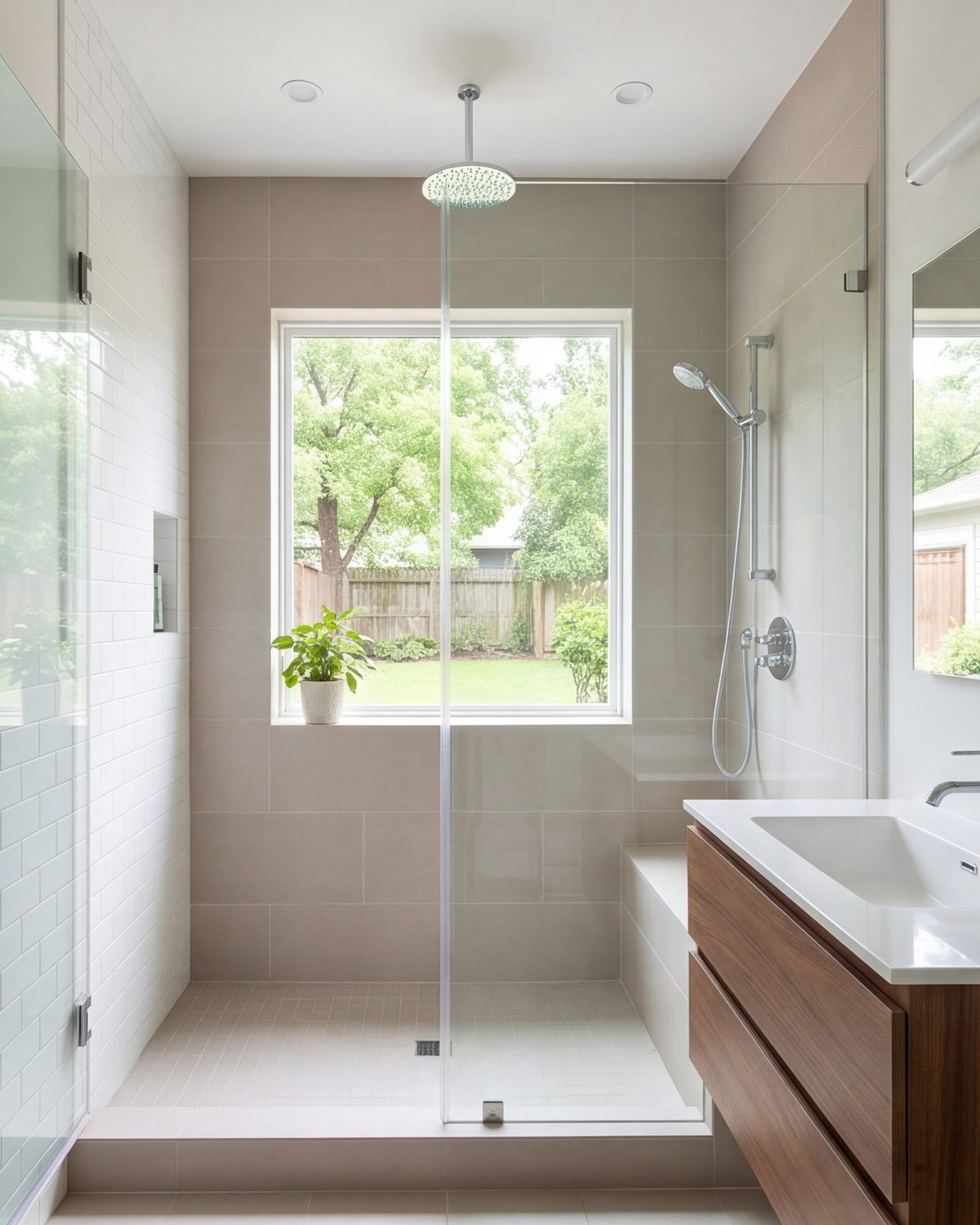 Newly added second bathroom in a small Garden Oaks cottage with a walk-in shower