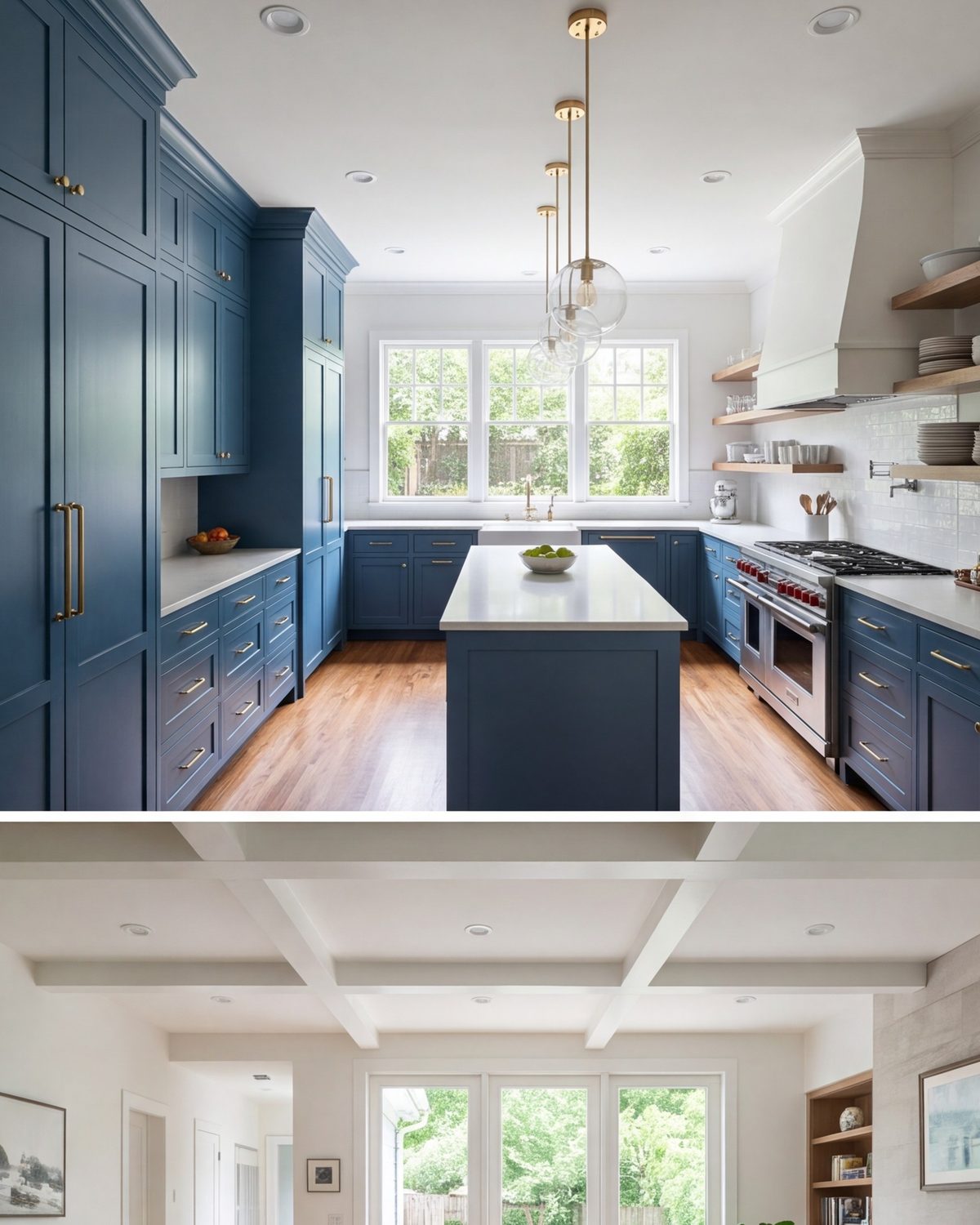 Enlarged kitchen in an Independence Heights house with tall cabinets and pendant lights