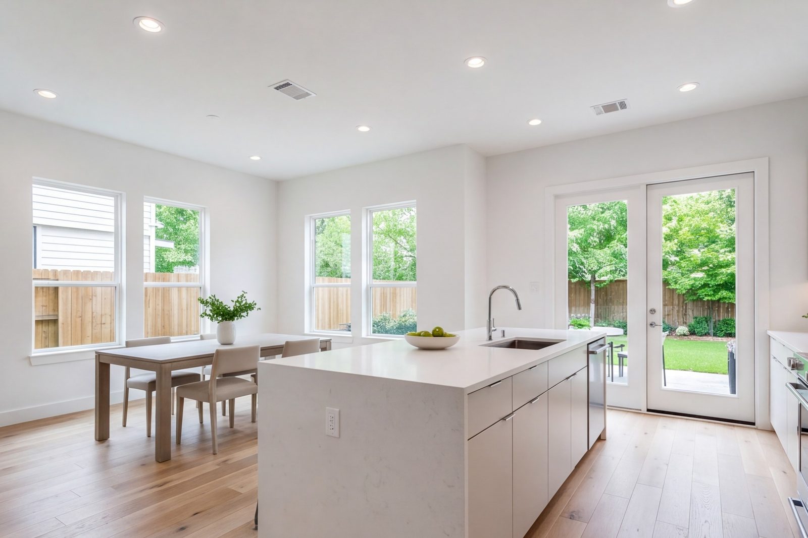 Open kitchen and dining room in an Aldine home with bright natural light