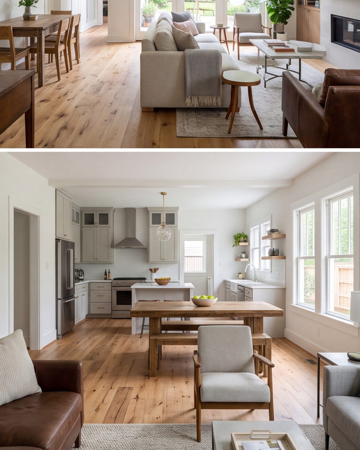 Updated interior of a 1930s Heights bungalow, kitchen, dining and living area in one room