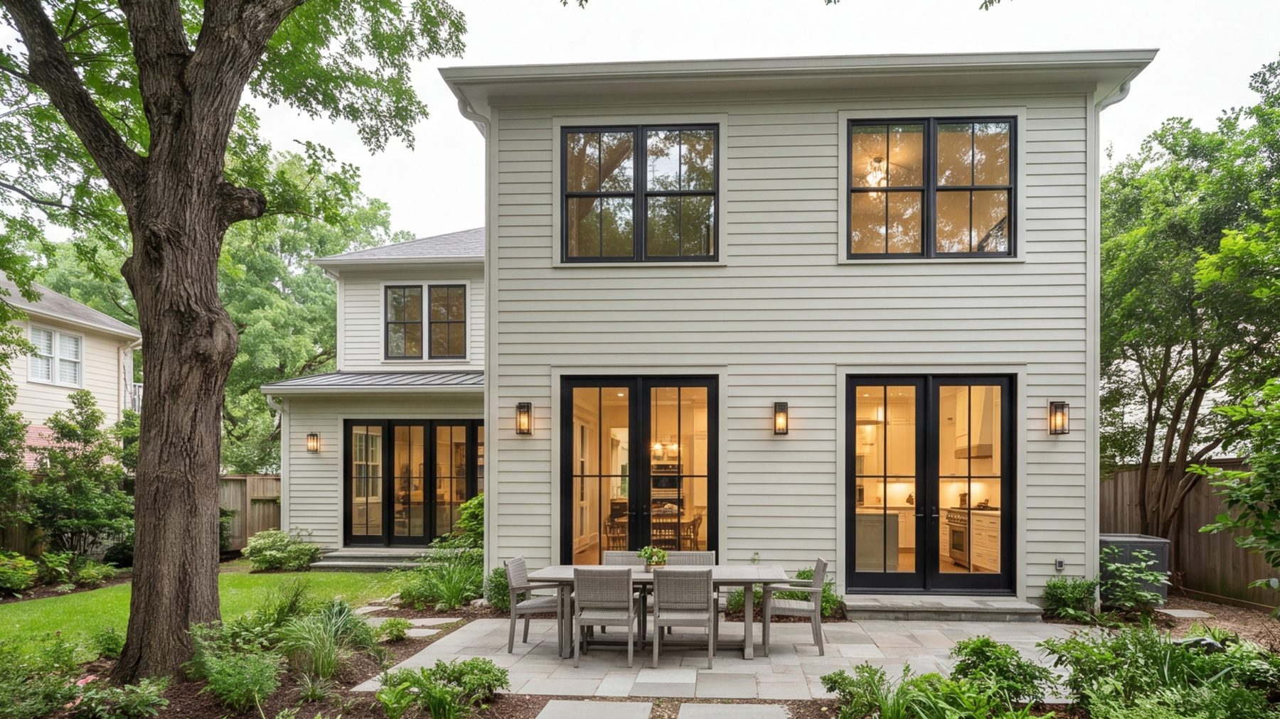 wide rear addition seen from the back yard, kitchen and family room with tall windows, siding matched to the old house
